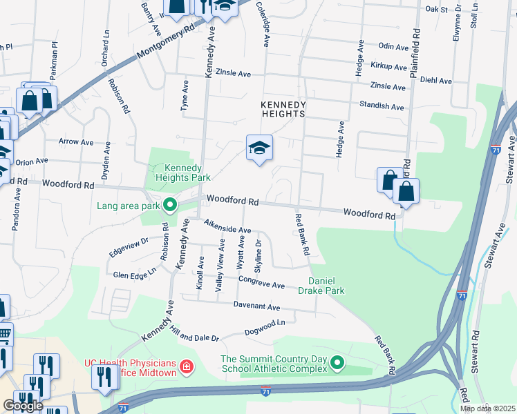 map of restaurants, bars, coffee shops, grocery stores, and more near 3719 Woodford Road in Cincinnati