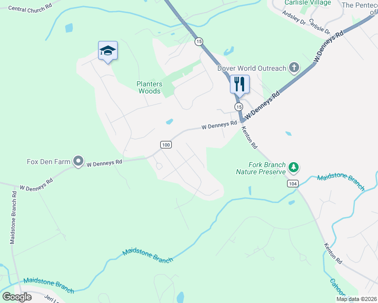 map of restaurants, bars, coffee shops, grocery stores, and more near 3376 West Denneys Road in Dover