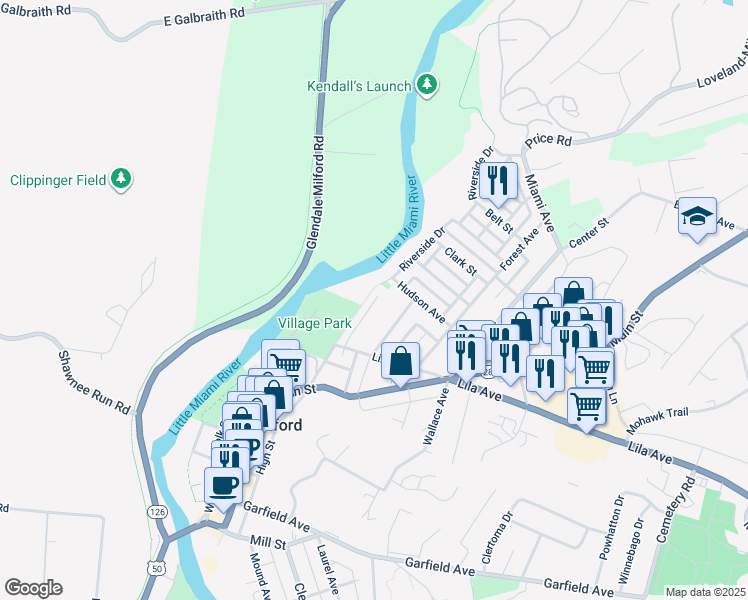 map of restaurants, bars, coffee shops, grocery stores, and more near 505 Hudson Avenue in Milford