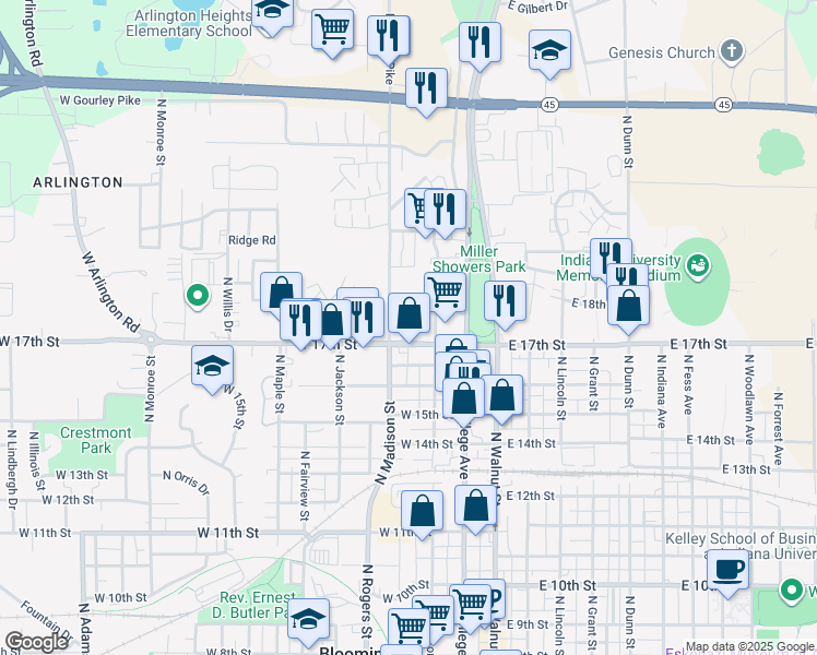 map of restaurants, bars, coffee shops, grocery stores, and more near 1405 North Woodburn Avenue in Bloomington