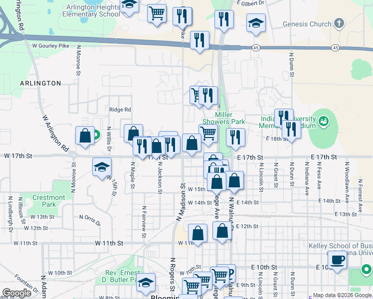 map of restaurants, bars, coffee shops, grocery stores, and more near 1313 North Kinser Pike in Bloomington