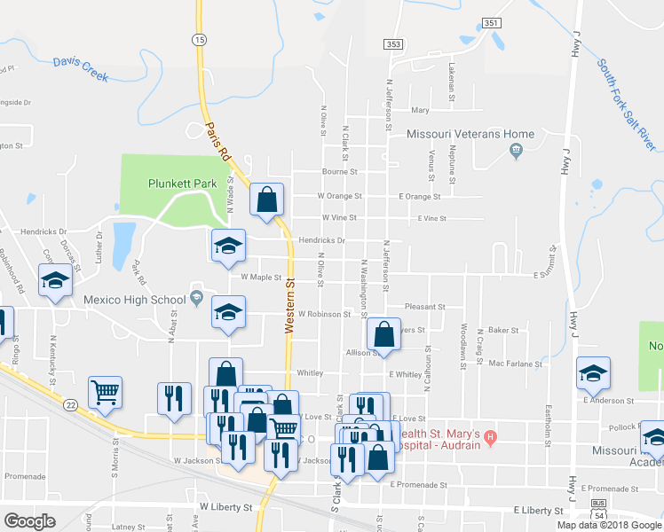 map of restaurants, bars, coffee shops, grocery stores, and more near 1000-1008 North Olive Street in Mexico