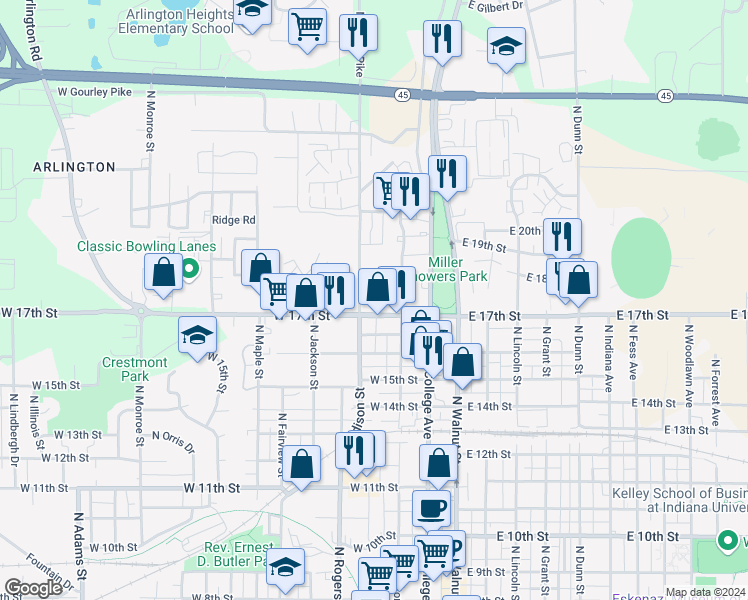 map of restaurants, bars, coffee shops, grocery stores, and more near 1304 North Kinser Pike in Bloomington