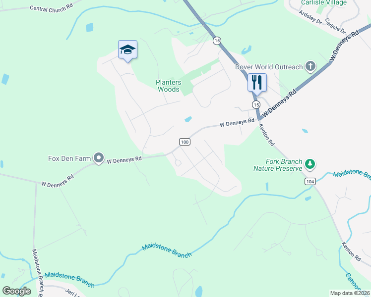map of restaurants, bars, coffee shops, grocery stores, and more near 25 Forty Nine Pines Drive in Dover