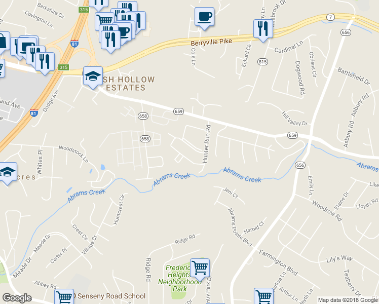 map of restaurants, bars, coffee shops, grocery stores, and more near 127 Little River Drive in Winchester