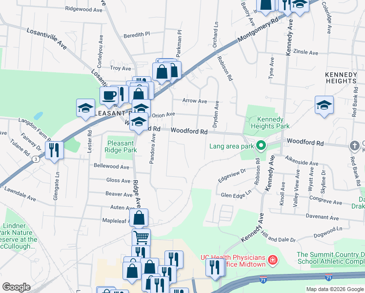 map of restaurants, bars, coffee shops, grocery stores, and more near 3319 East Woodmont Avenue in Cincinnati