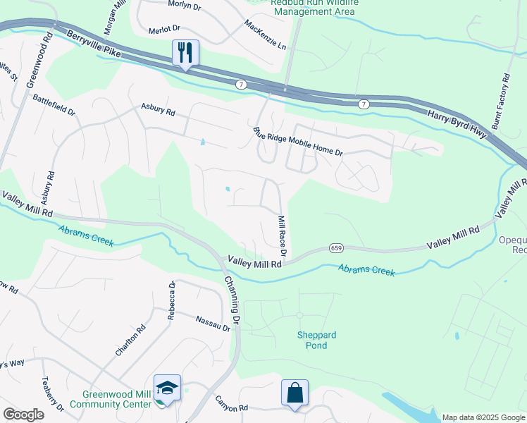 map of restaurants, bars, coffee shops, grocery stores, and more near 107 Julee Drive in Winchester