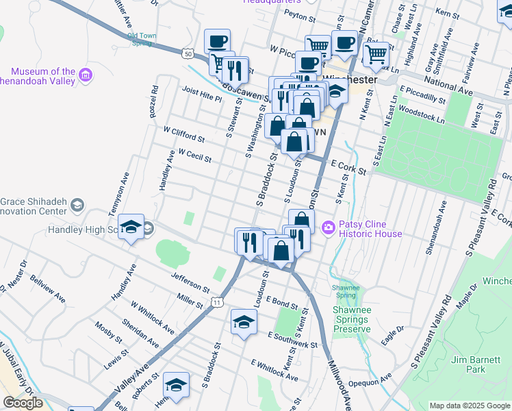 map of restaurants, bars, coffee shops, grocery stores, and more near 525 South Braddock Street in Winchester