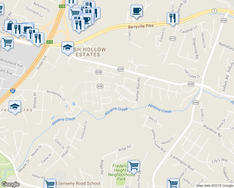 map of restaurants, bars, coffee shops, grocery stores, and more near 251 Waterford Lane in Winchester