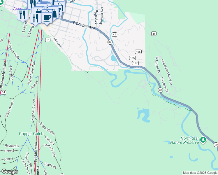 map of restaurants, bars, coffee shops, grocery stores, and more near 1500 Ute Avenue in Aspen