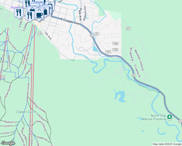 map of restaurants, bars, coffee shops, grocery stores, and more near 1500 Ute Ave in Aspen