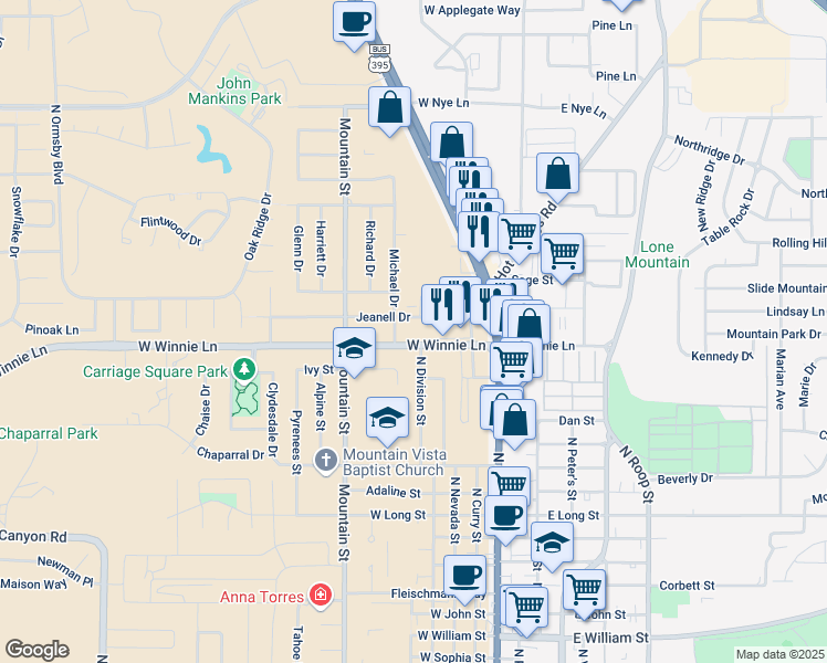 map of restaurants, bars, coffee shops, grocery stores, and more near 509 Jeanell Drive in Carson City