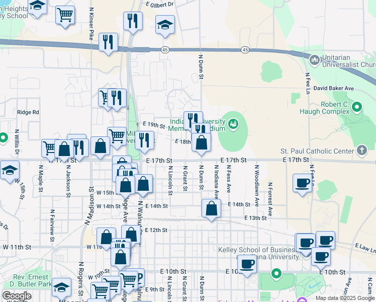 map of restaurants, bars, coffee shops, grocery stores, and more near 1425 North Dunn Street in Bloomington
