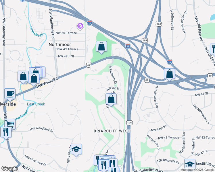 map of restaurants, bars, coffee shops, grocery stores, and more near 4707 North Mulberry Court in Kansas City