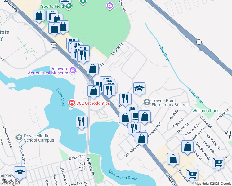 map of restaurants, bars, coffee shops, grocery stores, and more near 653 Jefferic Boulevard in Dover