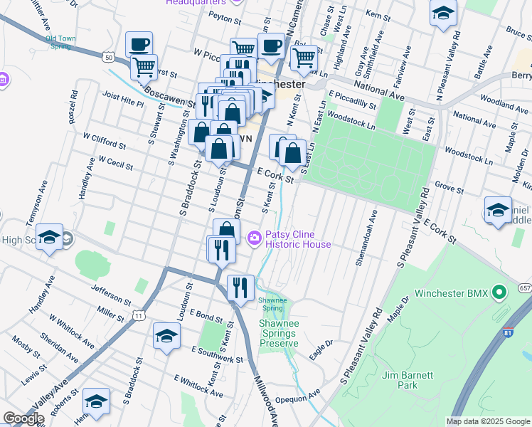 map of restaurants, bars, coffee shops, grocery stores, and more near 406 South Kent Street in Winchester