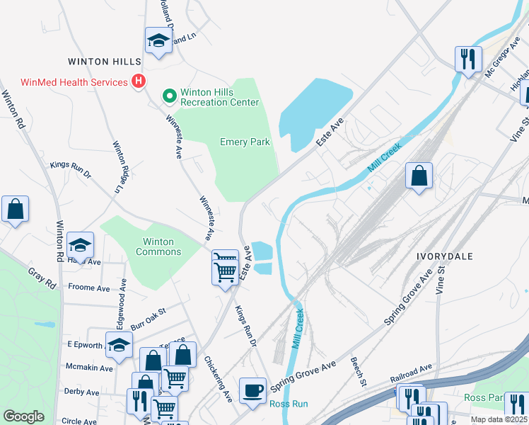 map of restaurants, bars, coffee shops, grocery stores, and more near 4900 Este Avenue in Cincinnati