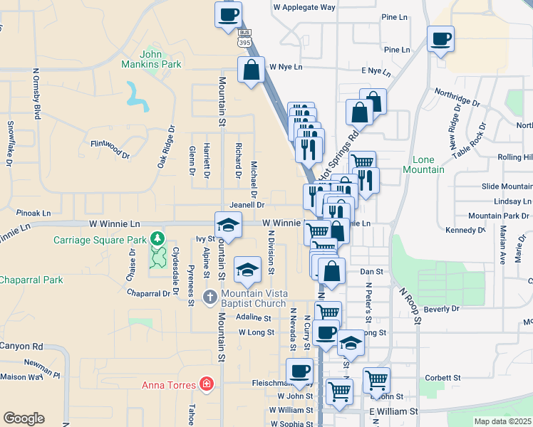 map of restaurants, bars, coffee shops, grocery stores, and more near 509 Jeanell Drive in Carson City