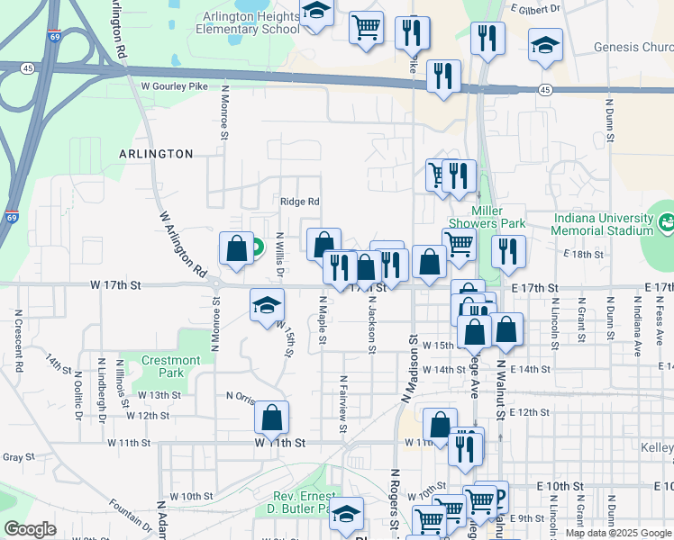 map of restaurants, bars, coffee shops, grocery stores, and more near 645 West Marble Lane in Bloomington