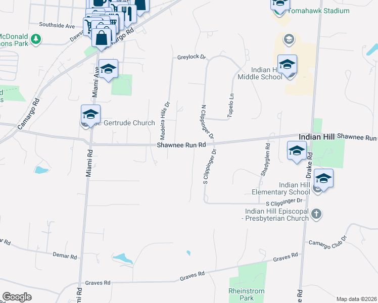 map of restaurants, bars, coffee shops, grocery stores, and more near 6485 Hunters Trail in Cincinnati