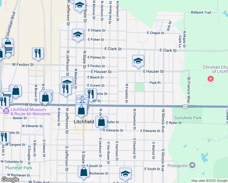 map of restaurants, bars, coffee shops, grocery stores, and more near 712 North Harrison Street in Litchfield