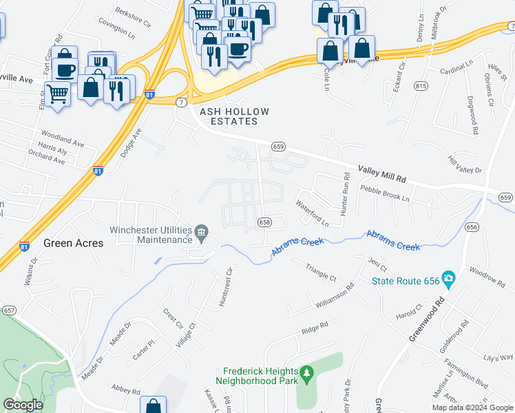 map of restaurants, bars, coffee shops, grocery stores, and more near 101 Lighthouse Lane in Winchester