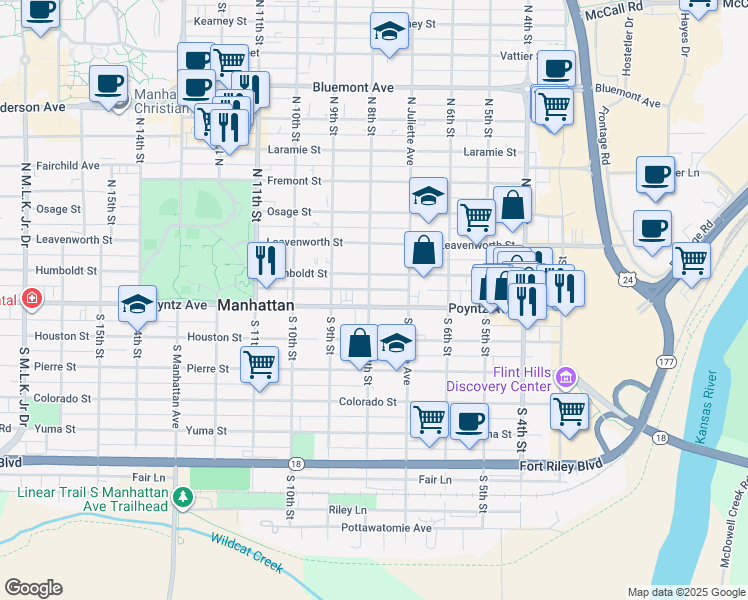 map of restaurants, bars, coffee shops, grocery stores, and more near 728 Poyntz Avenue in Manhattan