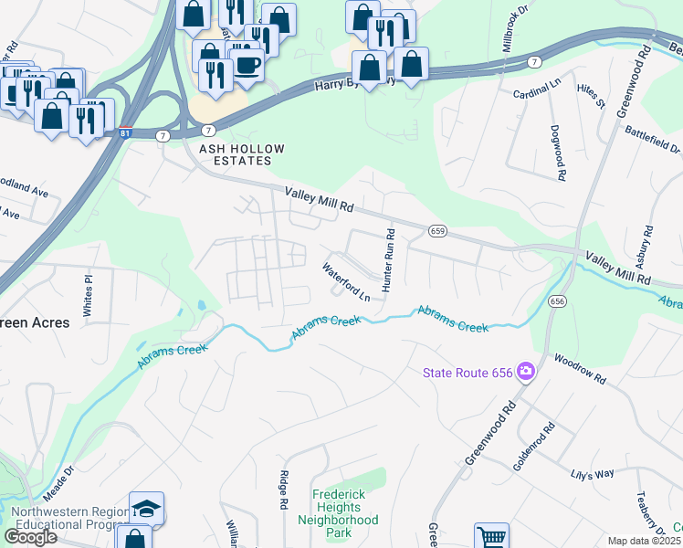 map of restaurants, bars, coffee shops, grocery stores, and more near 242 Waterford Lane in Winchester