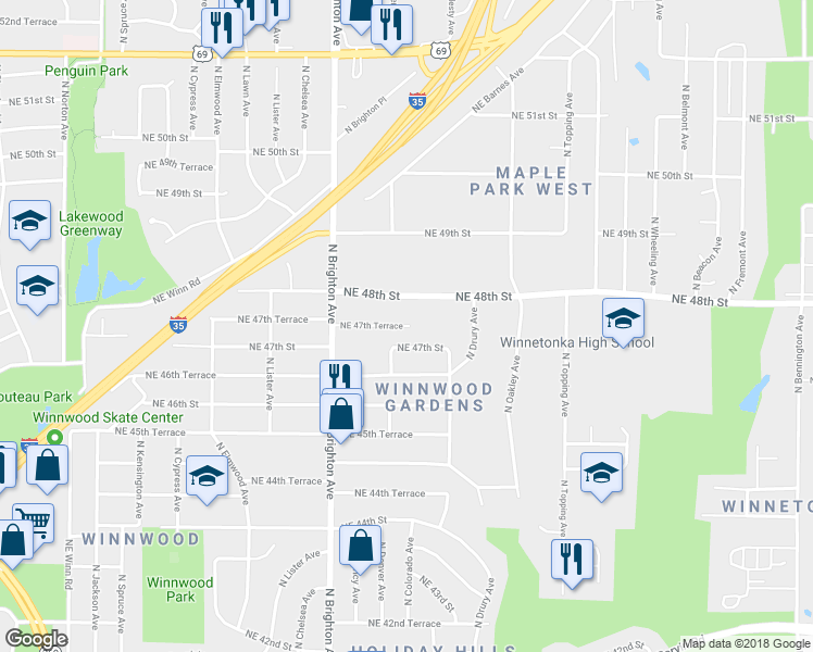 map of restaurants, bars, coffee shops, grocery stores, and more near 7307 Northeast 47th Terrace in Kansas City