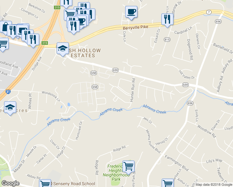 map of restaurants, bars, coffee shops, grocery stores, and more near 242 Waterford Lane in Winchester
