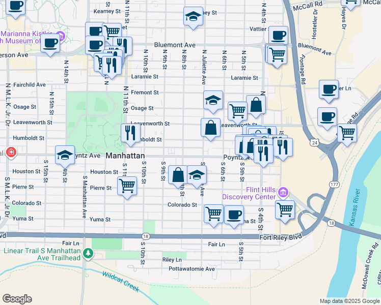 map of restaurants, bars, coffee shops, grocery stores, and more near 800 Poyntz Avenue in Manhattan