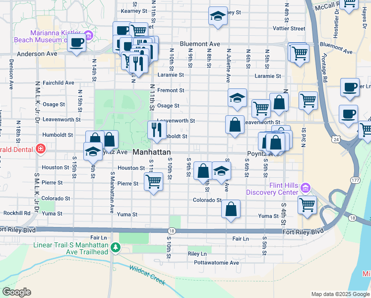map of restaurants, bars, coffee shops, grocery stores, and more near 900 Poyntz Avenue in Manhattan