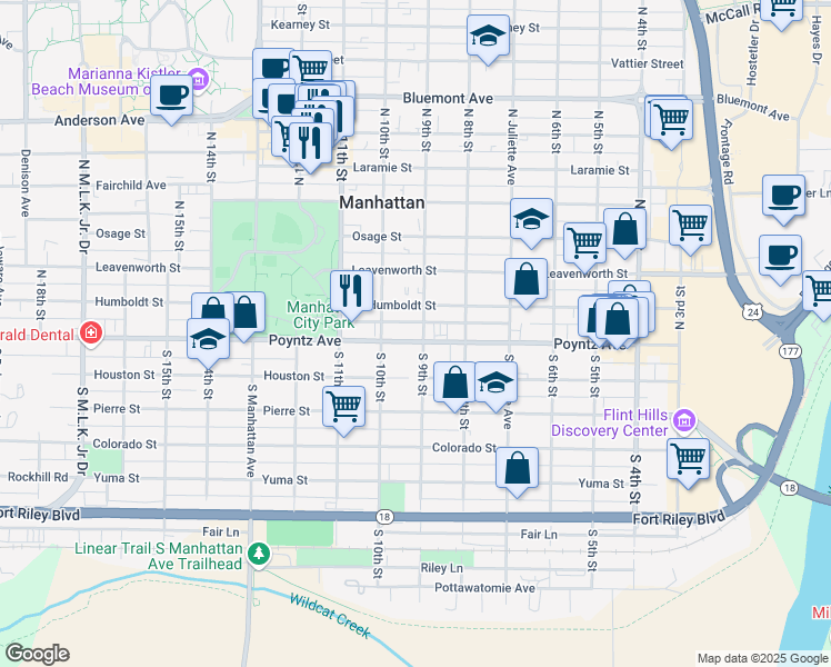 map of restaurants, bars, coffee shops, grocery stores, and more near 900 Poyntz Avenue in Manhattan
