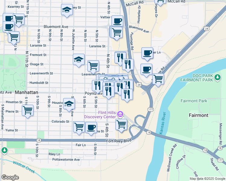 map of restaurants, bars, coffee shops, grocery stores, and more near 316 Poyntz Avenue in Manhattan