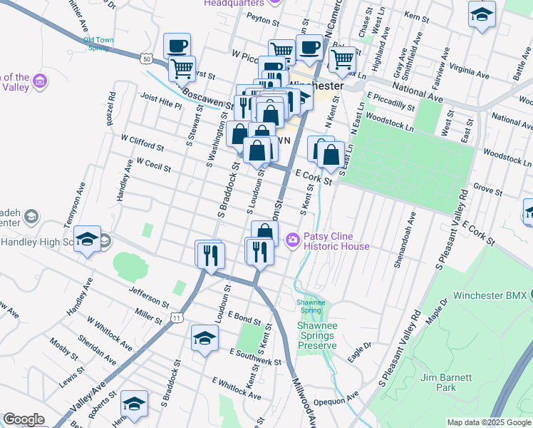 map of restaurants, bars, coffee shops, grocery stores, and more near 24 East Leicester Street in Winchester