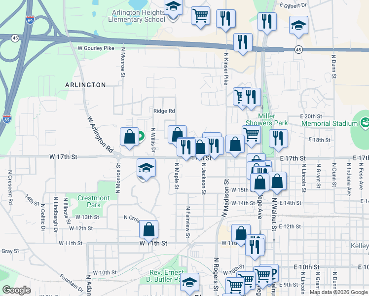 map of restaurants, bars, coffee shops, grocery stores, and more near 645 West Marble Lane in Bloomington