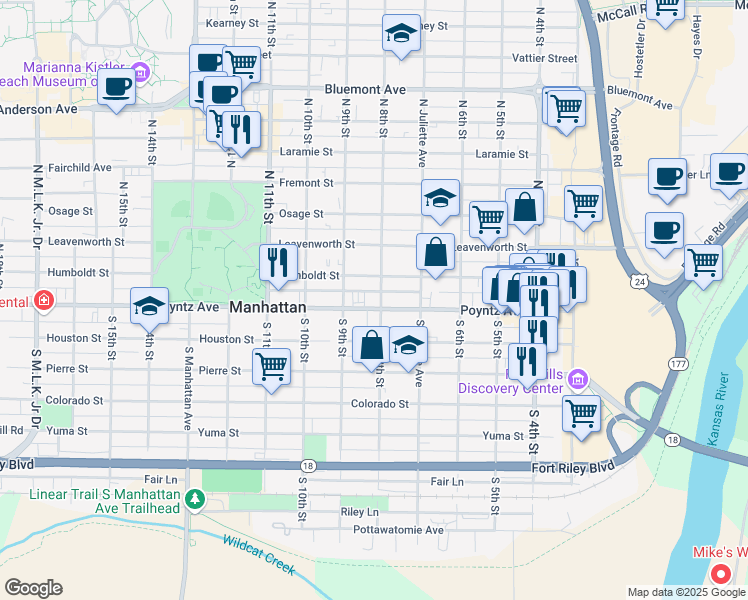 map of restaurants, bars, coffee shops, grocery stores, and more near 800 Poyntz Avenue in Manhattan