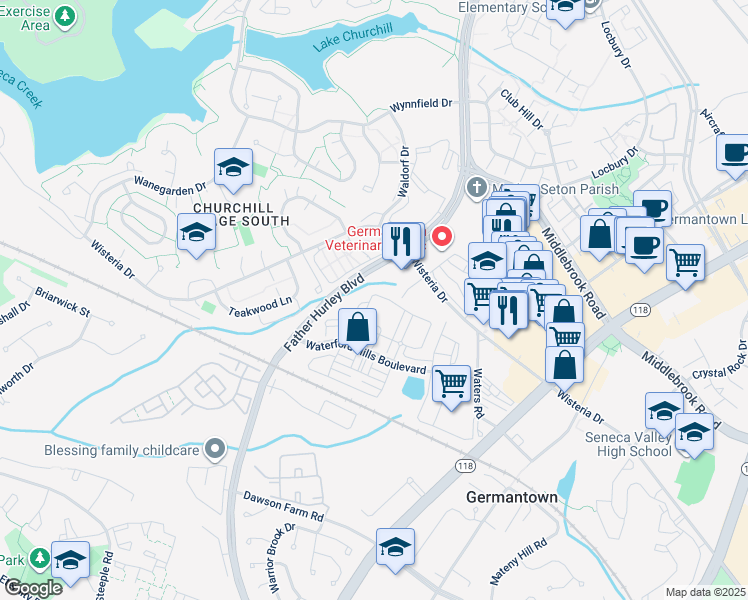 map of restaurants, bars, coffee shops, grocery stores, and more near 19611 Galway Bay Circle in Germantown