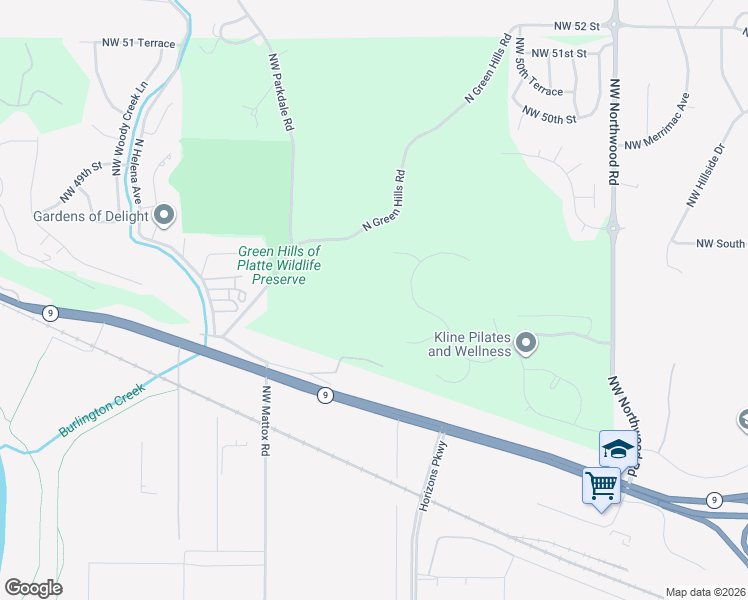 map of restaurants, bars, coffee shops, grocery stores, and more near 4995 North Green Hills Road in Kansas City