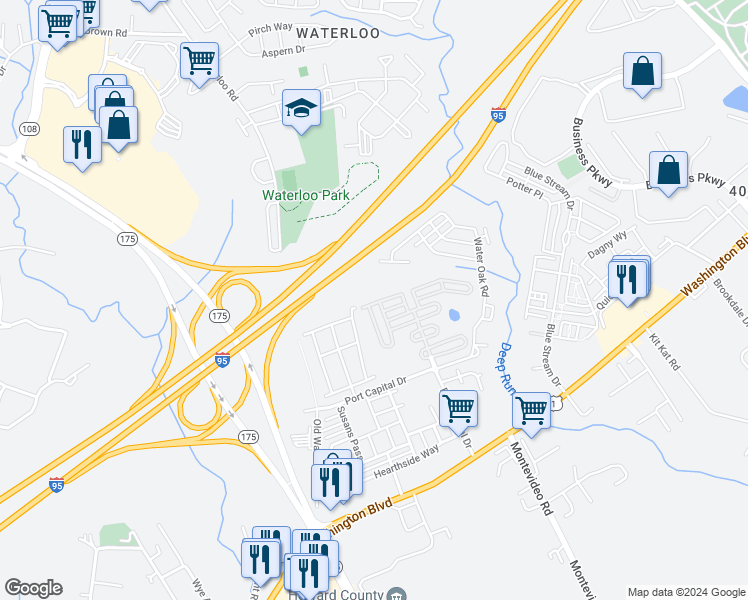 map of restaurants, bars, coffee shops, grocery stores, and more near 7532 Cove Point Way in Elkridge