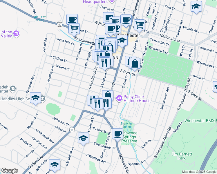 map of restaurants, bars, coffee shops, grocery stores, and more near 24 East Leicester Street in Winchester