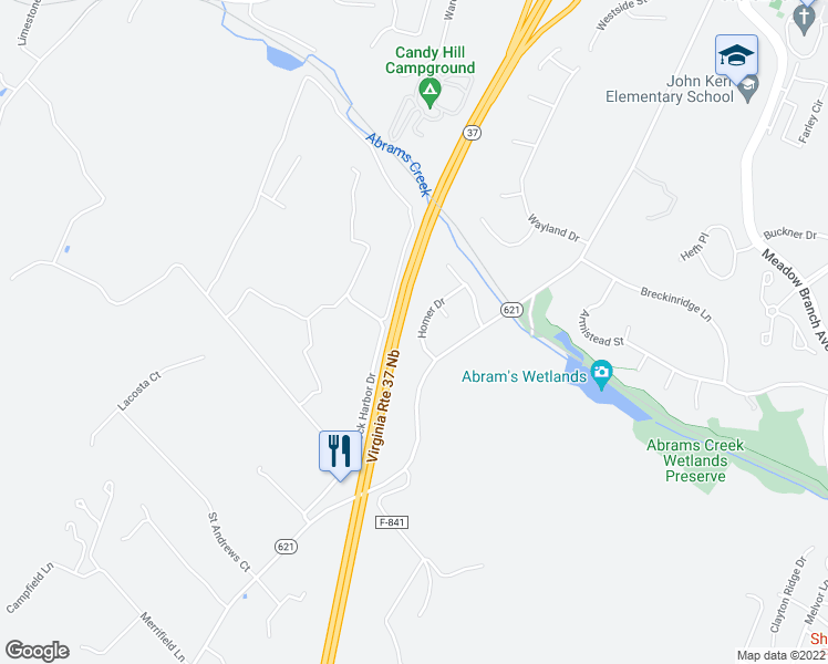 map of restaurants, bars, coffee shops, grocery stores, and more near 107 Homer Drive in Winchester