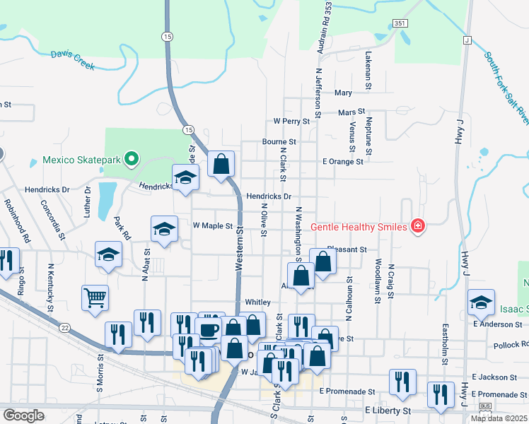 map of restaurants, bars, coffee shops, grocery stores, and more near 1000 North Olive Street in Mexico