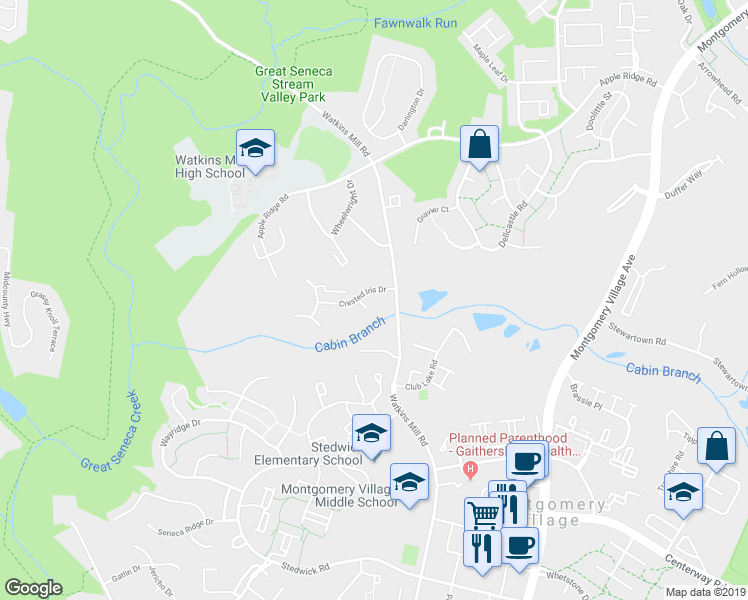 map of restaurants, bars, coffee shops, grocery stores, and more near 31 Crested Iris Court in Montgomery Village