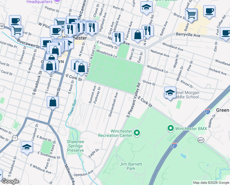 map of restaurants, bars, coffee shops, grocery stores, and more near 525 East Cork Street in Winchester
