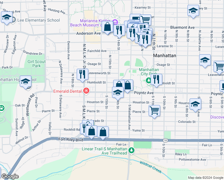 map of restaurants, bars, coffee shops, grocery stores, and more near 1420 Poyntz Avenue in Manhattan