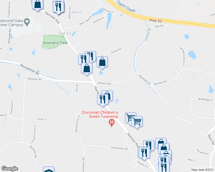 map of restaurants, bars, coffee shops, grocery stores, and more near 6074 Johnson Road in Cincinnati