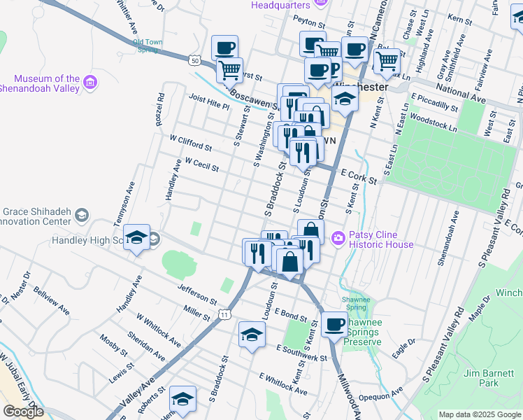 map of restaurants, bars, coffee shops, grocery stores, and more near 107 West Leicester Street in Winchester