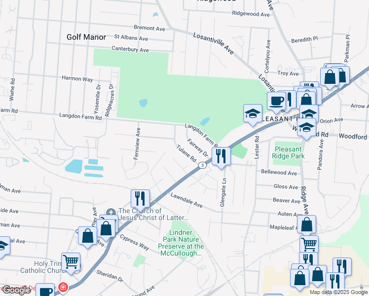 map of restaurants, bars, coffee shops, grocery stores, and more near 6156 Tulane Road in Cincinnati