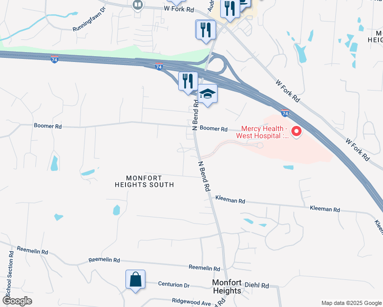 map of restaurants, bars, coffee shops, grocery stores, and more near 5139 North Bend Road in Cincinnati
